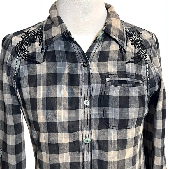 Roar Western Rock Urban Embroidered Plaid Button Up Embroidered Wings W Size M - Picture 3 of 15